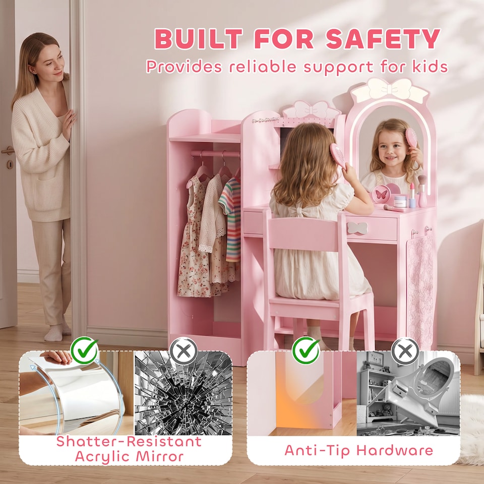 image 1 of AIYAPLAY Kids Dressing Table with Stool, 2-Colour Lights Mirror, Pink