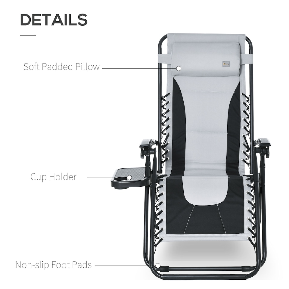 image 1 of Outsunny Zero Gravity Lounger Chair, Folding Reclining Patio Chair with Padded Seat, Cup Holder, Soft Cushion and Headrest for Poolside, Camping, Light Grey