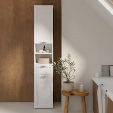 Lokko Tall Narrow Bathroom Cabinet with 2 Doors & 1 Drawer with Silver Handles in White