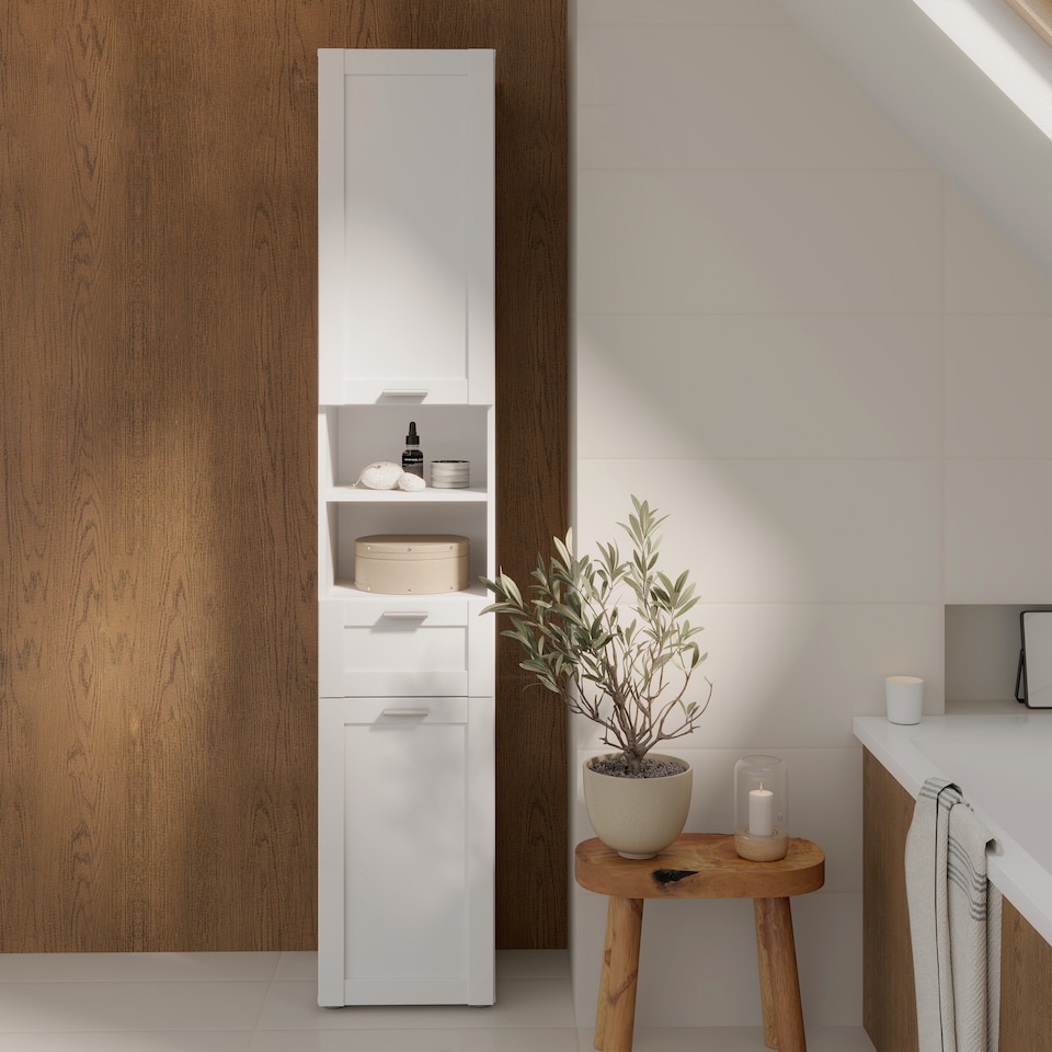 image 1 of Lokko Tall Narrow Bathroom Cabinet with 2 Doors & 1 Drawer with Silver Handles in White