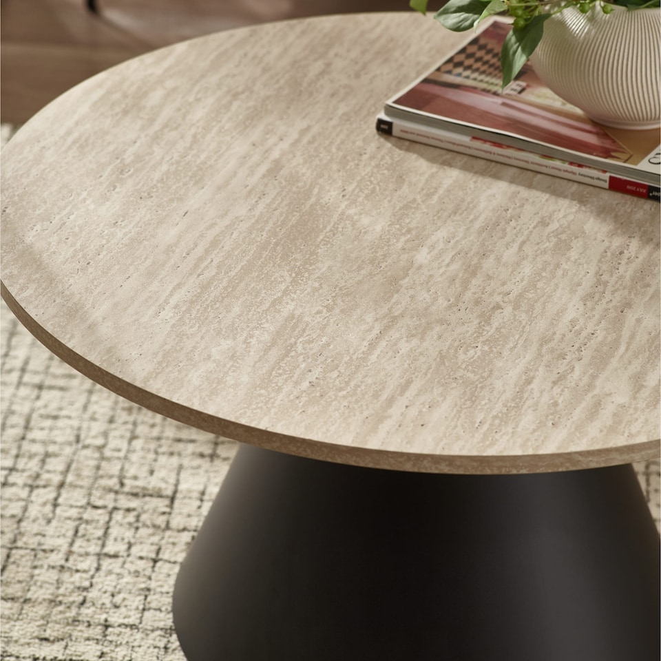 image 1 of Torrance Modern Travertine Effect Coffee and Lamp Table Set in Travertine Effect and Black