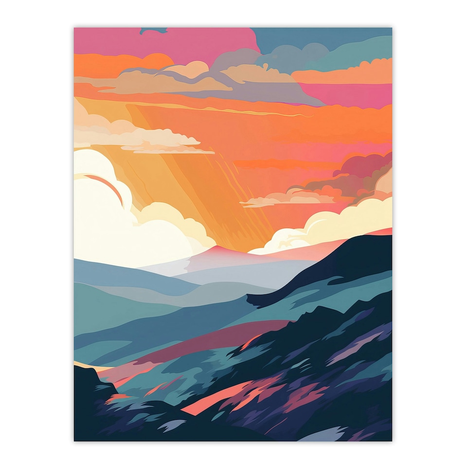 image 1 of Autumn Sunrise Countryside Graphic Orange Black Framed Wall Art Print A4