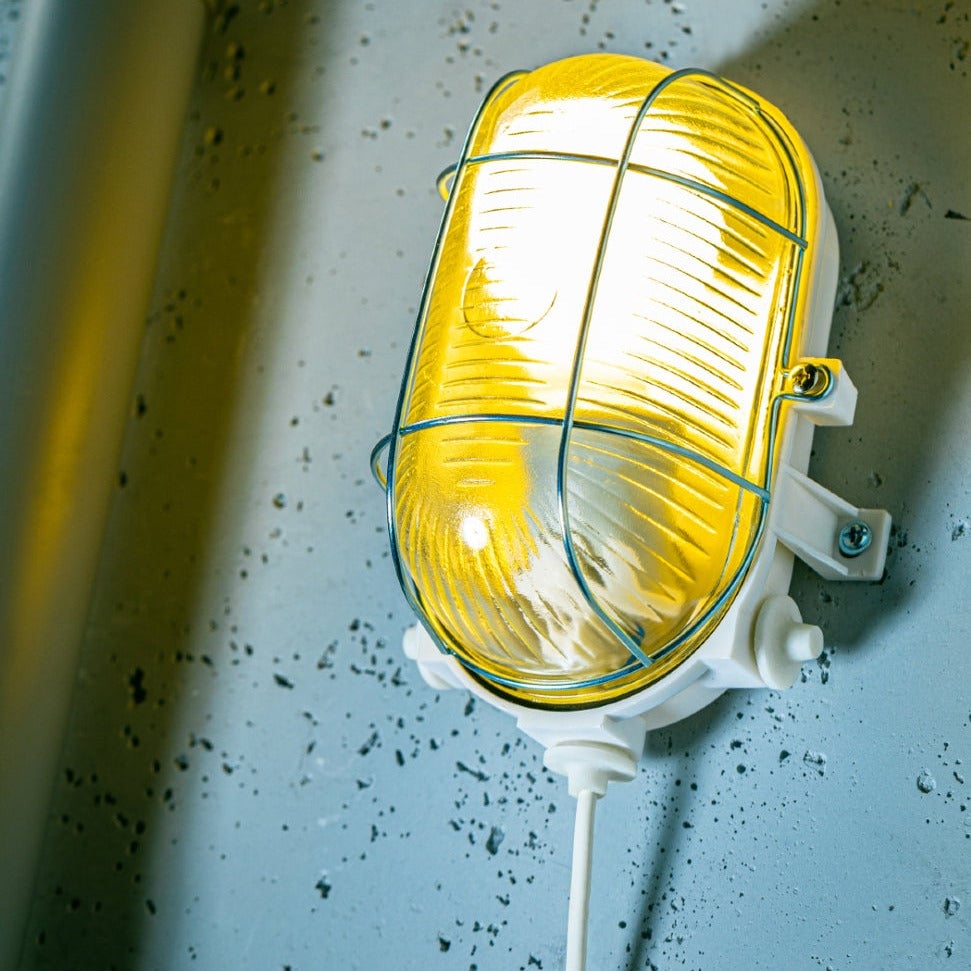 CGC Gina White Oval Caged Bulkhead Wall and Ceiling Light White White Height: 17.5 cm, Width: 12.4 cm, Depth: 10.6 cm