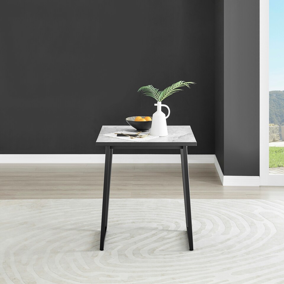 image 1 of Furniturebox Carson White Marble Effect Square Dining Table & 2 Green Pesaro Black Leg Chairs
