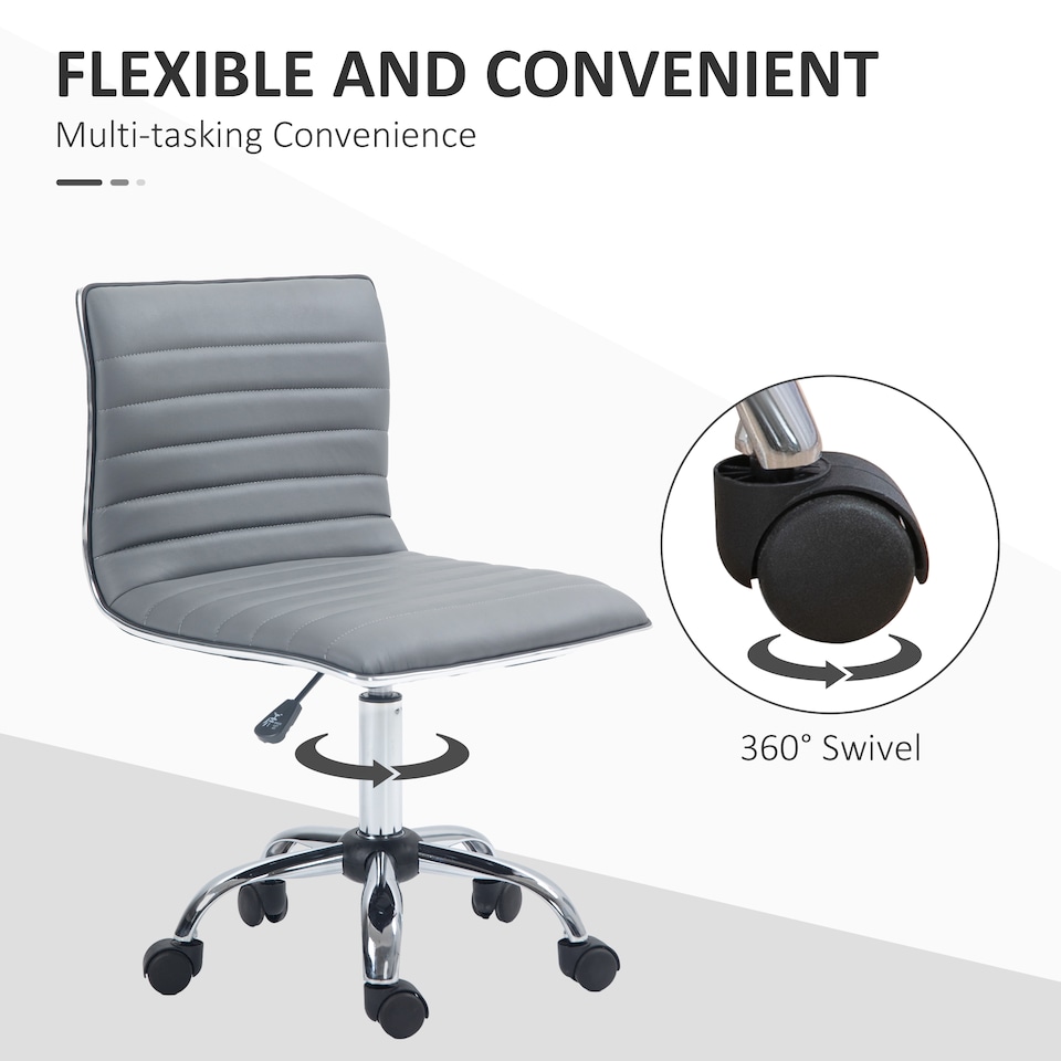 image 1 of HOMCOM Armless Task Desk Chair, Swivel Office Chair with Faux Leather, Adjustable Seat Height, Chrome Base, Wheels for Home, Light Grey