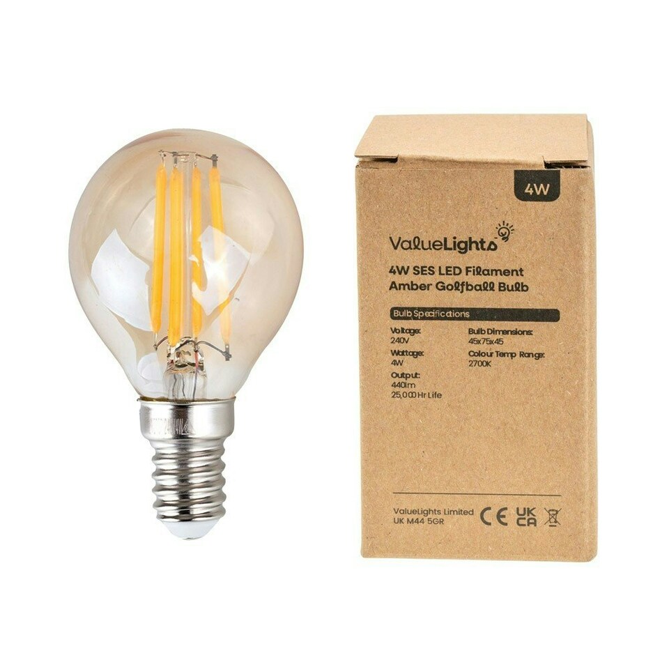 image 1 of ValueLights Pack of 2 Retro Style 4w LED Filament SES E14 Amber Tinted Golfball Light Bulbs 2700K Warm White