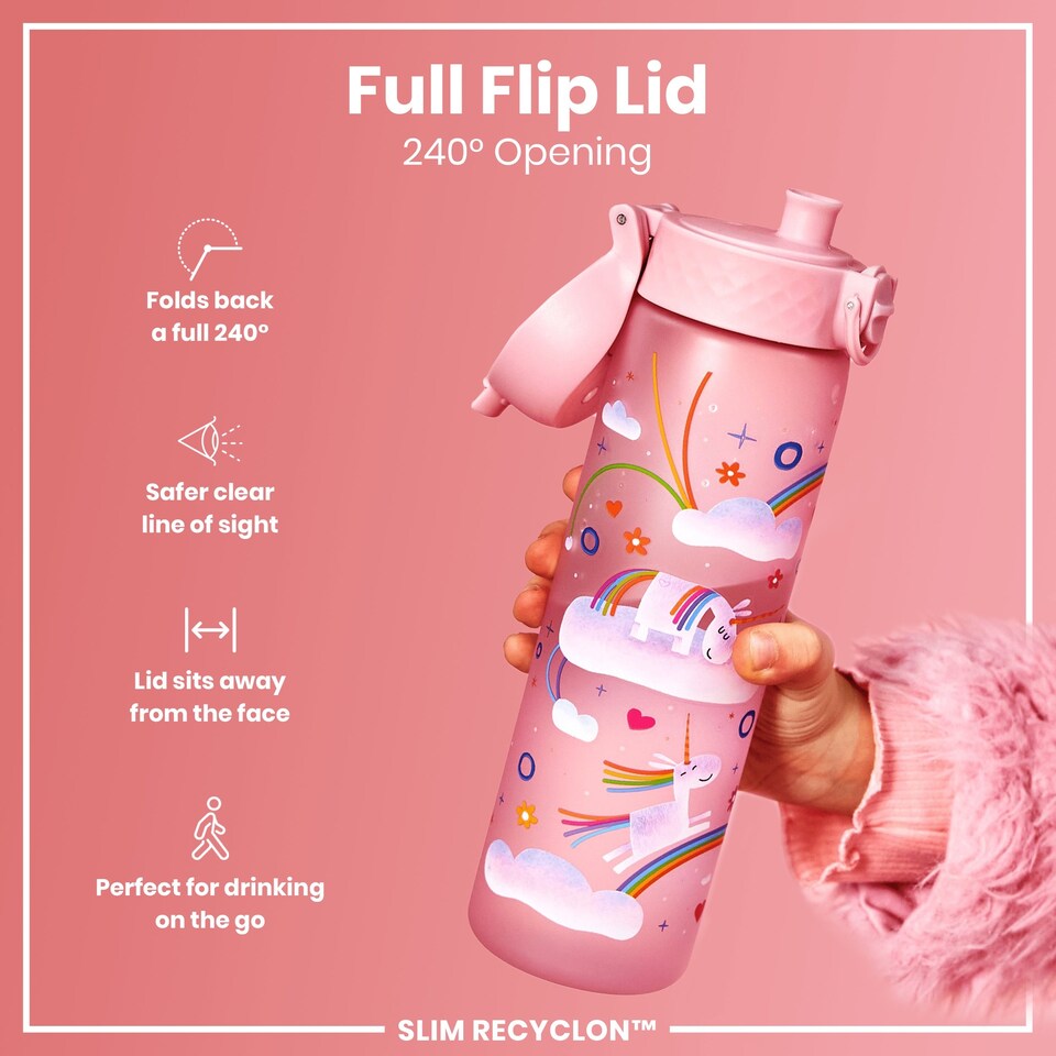 image 1 of Leak Proof Slim Water Bottle, BPA Free, 500ml (18oz) | Pink | Unicorn Rainbows | One Size
