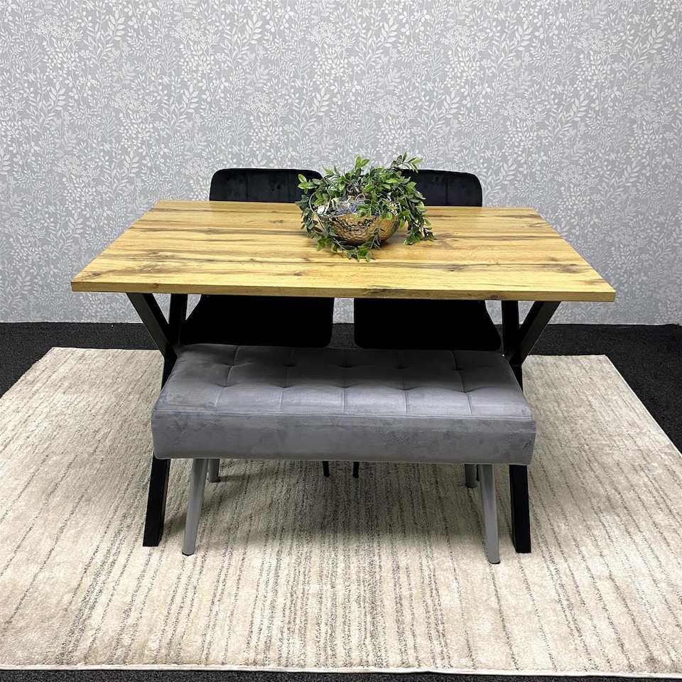 image 1 of Modern Dining Table Set with Padded Bench and 2 Black Velvet Chairs, Stylish Kitchen or Dining Room Furniture