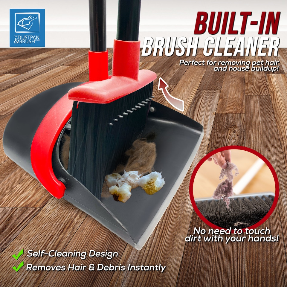 image 1 of Long Handled Dustpan and Brush Set Upright Sweeping Broom with Built-In Bristle Cleaner