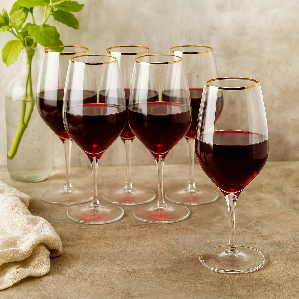 image 1 of Gold Rim Wine Glasses Champagne Flutes Glassware Set Red White Goblets | Clear | 12x 470ml Wine Glass
