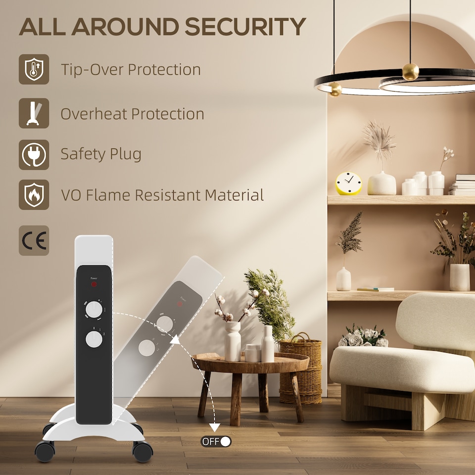 image 1 of HOMCOM 2000W Mica Oil Free Panel Heater, Portable Convection Space Heater with Tip-over and Overheat Protection, 2 Heat Settings, Electric Heater for Home Office, Bedroom, White