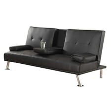 Faux Leather Clic Clac  Luxury Sofa Bed with Drink Cup Holder In Black