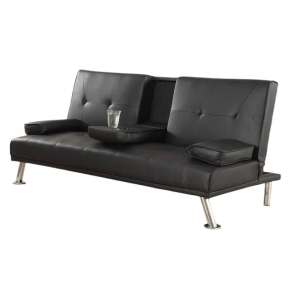 Faux Leather Clic Clac  Luxury Sofa Bed with Drink Cup Holder In Black
