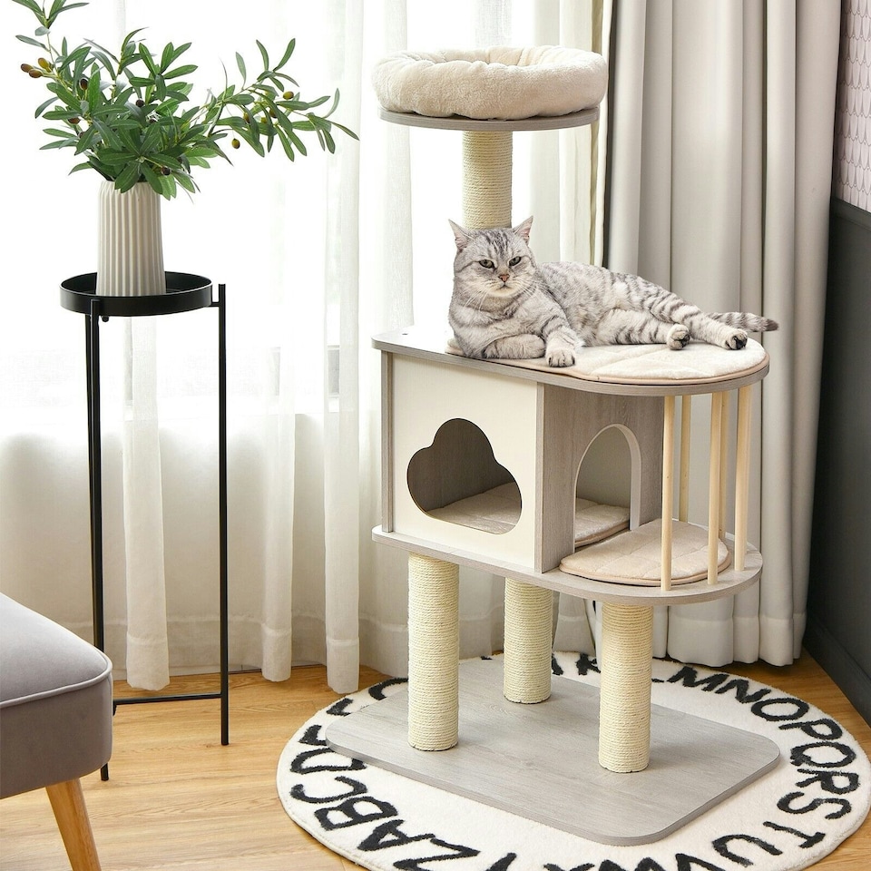 image 1 of COSTWAY Wooden Cat Tower 4-Tier Cat Tree Play Center
