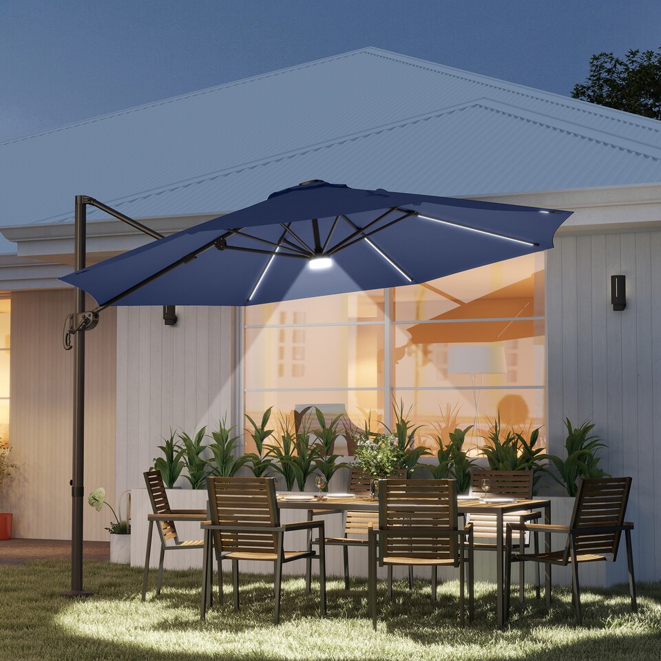 image 1 of Outsunny 3 m Cantilever Roma Parasol Garden Sun Umbrella Outdoor Patio with 360 Degree Rotation Crank and Tilt Aluminium Frame LED Solar Light Cross Base, Blue