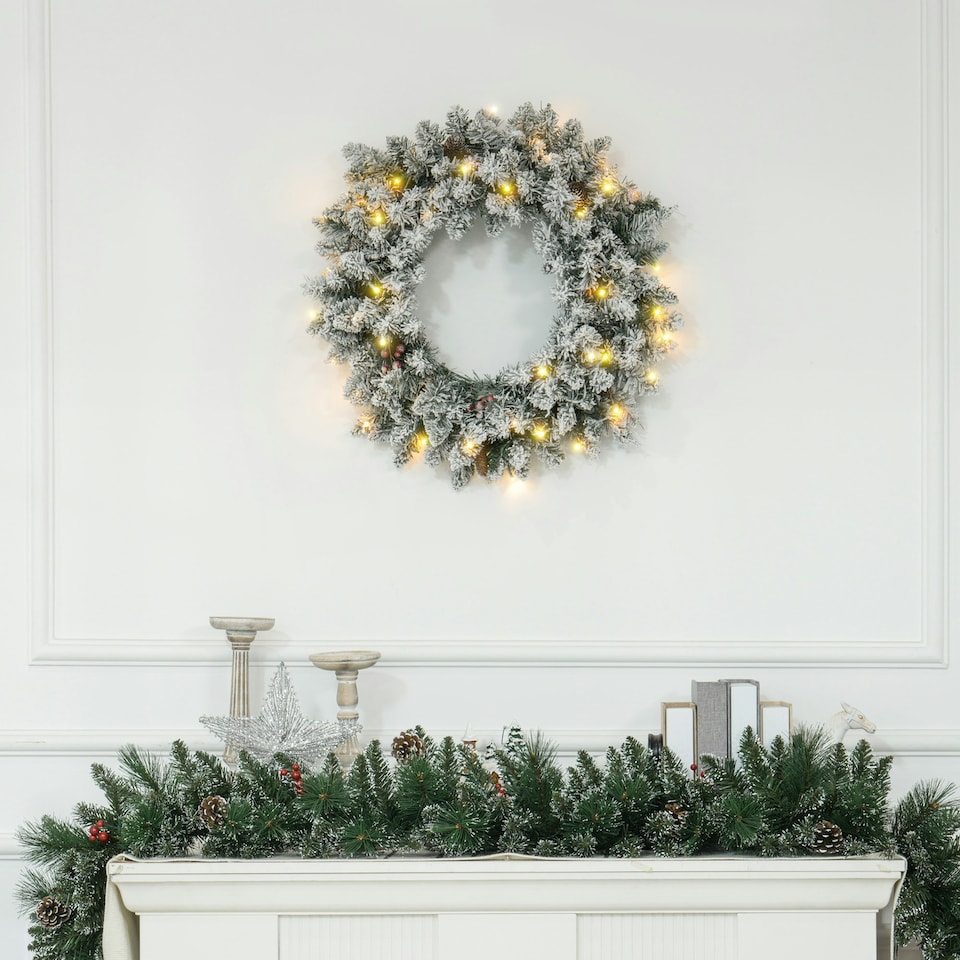 image 1 of HOMCOM 60cm Flocked Christmas Wreath with Lights Pine Cones Berries Green
