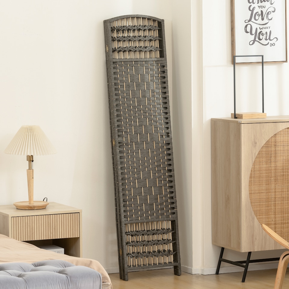 image 1 of HOMCOM 4 Panel Folding Privacy Screen with Pine Wood Frame, Dark Grey