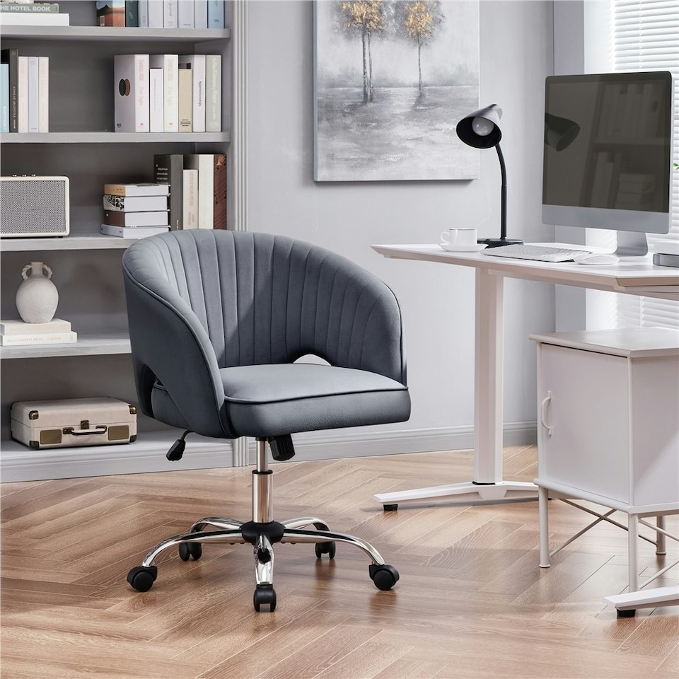 image 1 of Yaheetech Swivel Home Office Chair with Tufted Barrel Back Grey | Dark Grey