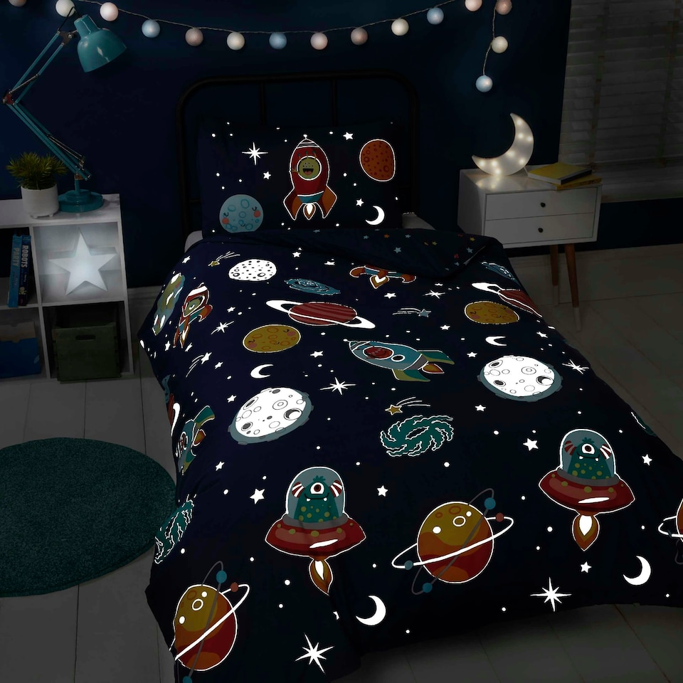 image 1 of Space and Aliens Glow in the Dark Duvet Cover Set with Pillowcase Multi | Single