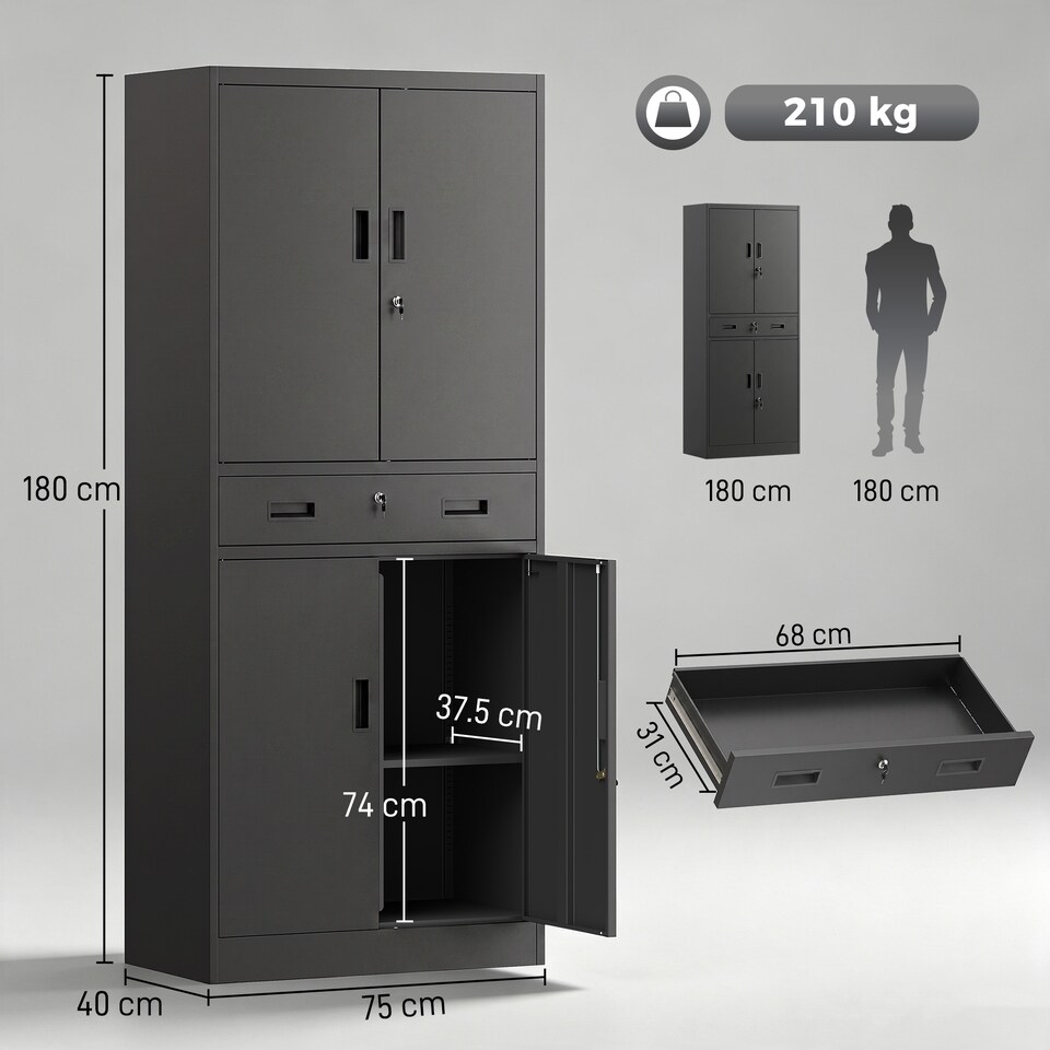 image 1 of HOMCOM 180cm Tall Tool Cabinet, Lockable Metal Storage Cabinet with Drawer
