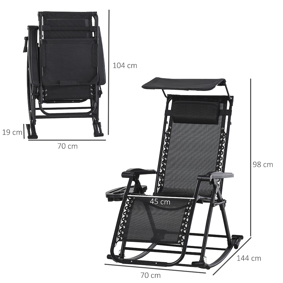 image 1 of Outsunny Garden Rocking Chair Folding Recliner Outdoor Adjustable Sun Lounger Rocker Zero-Gravity Seat with Headrest Side Holder Patio Deck - Black