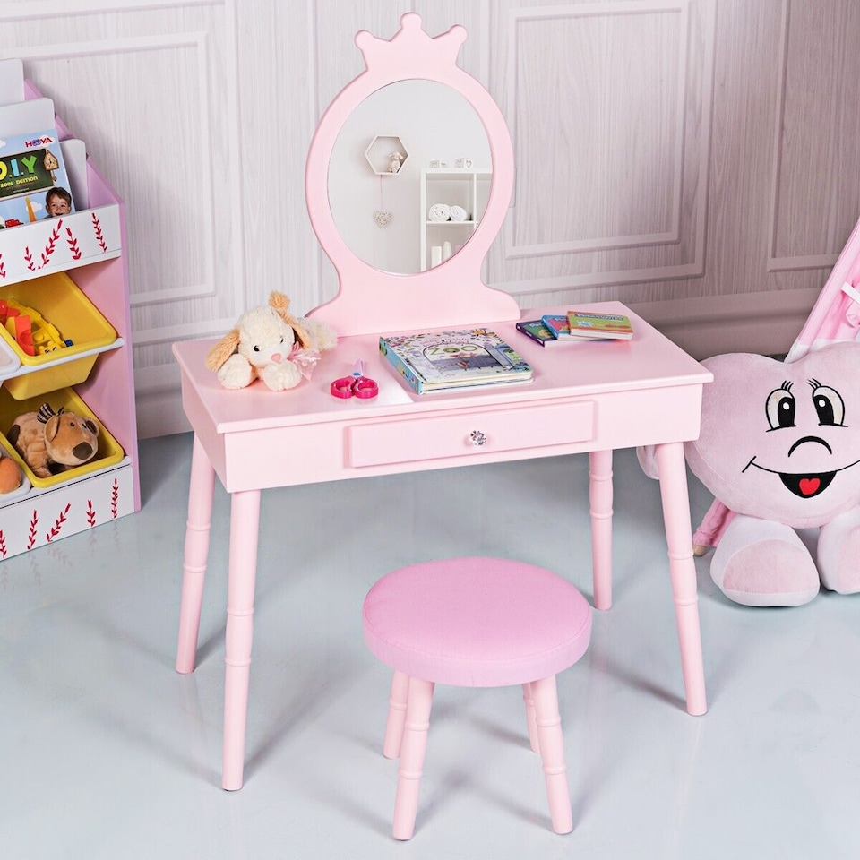 image 1 of COSTWAY Pretend Makeup Dressing Table Kids Vanity Table Pink