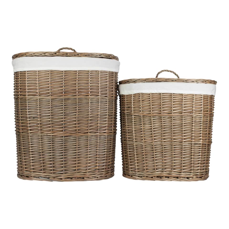 image 1 of Set of 2 Antique Wash White Cotton Lined Oval Willow Laundry Basket