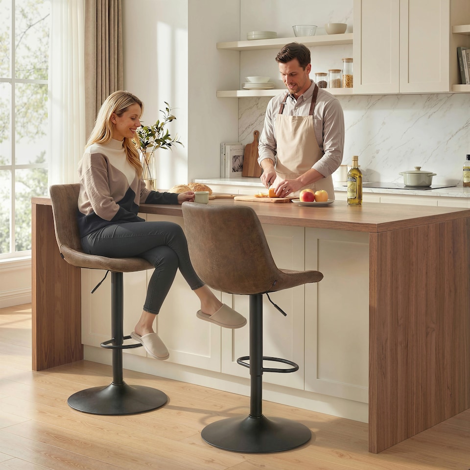 image 1 of HOMCOM Bar Stools Set of 2 Adjustable Swivel Bar Chairs with Backrest Brown