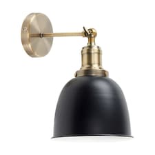 ValueLights Antique Brass Adjustable Knuckle Joint Wall Light With Gloss Black Dome Shade