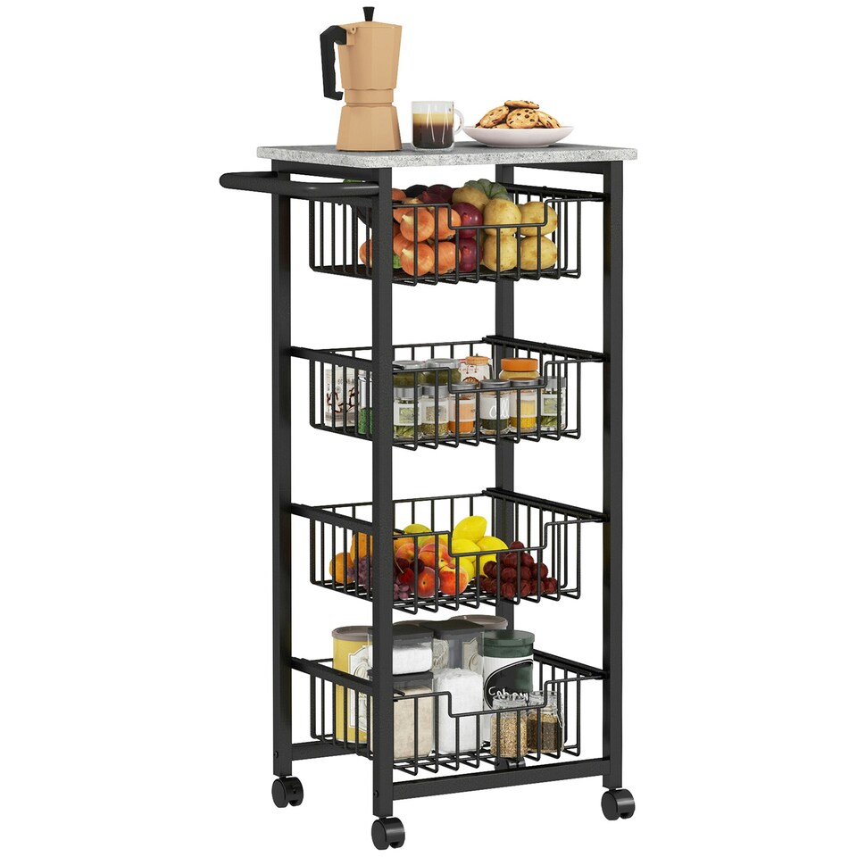 image 1 of HOMCOM 4-Tier Kitchen Island on Wheels with 4 Pull-Out Baskets, Light Grey