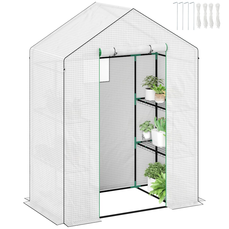 image 1 of Outsunny Walk-in Greenhouse with 4 Shelves, Outdoor Small Greenhouse, White