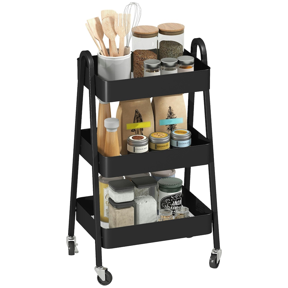 image 1 of HOMCOM 3-Tier Rolling Utility Cart Kitchen Storage Trolley on Wheels Black
