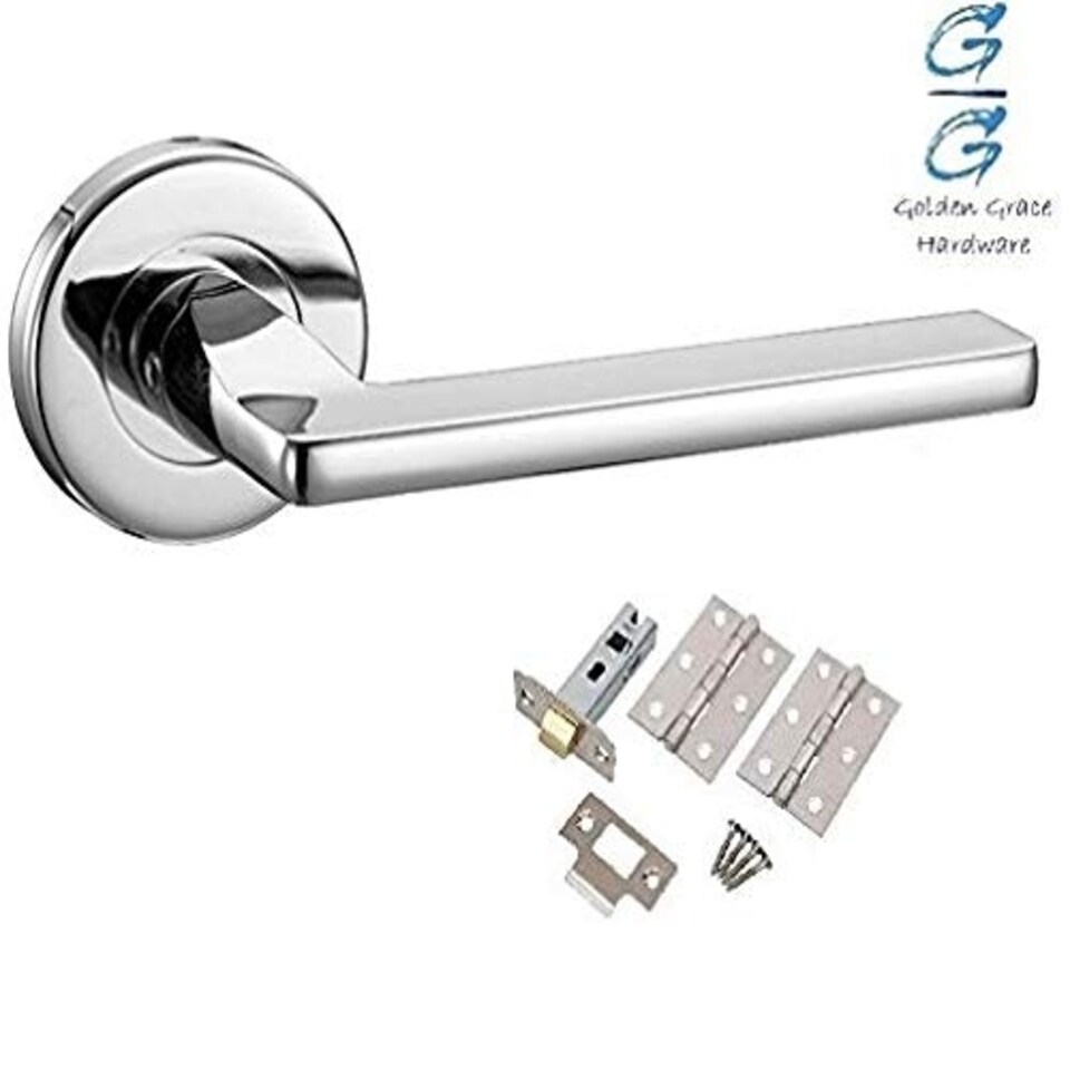 image 1 of Golden Grace 5 Sets Leon Design Door Handles Lever on Round Rose in Polished Chrome Finish with Latch Set, 1 Pair 3" Hinges & 2.5" Tubular Latch Chrome