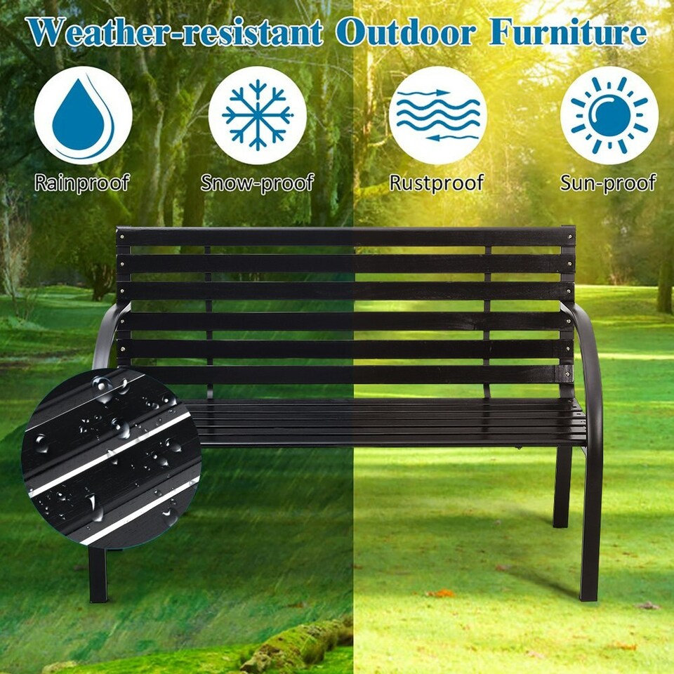 image 1 of Living and Home Outdoor Garden Metal Wood Bench with Backrest - Black