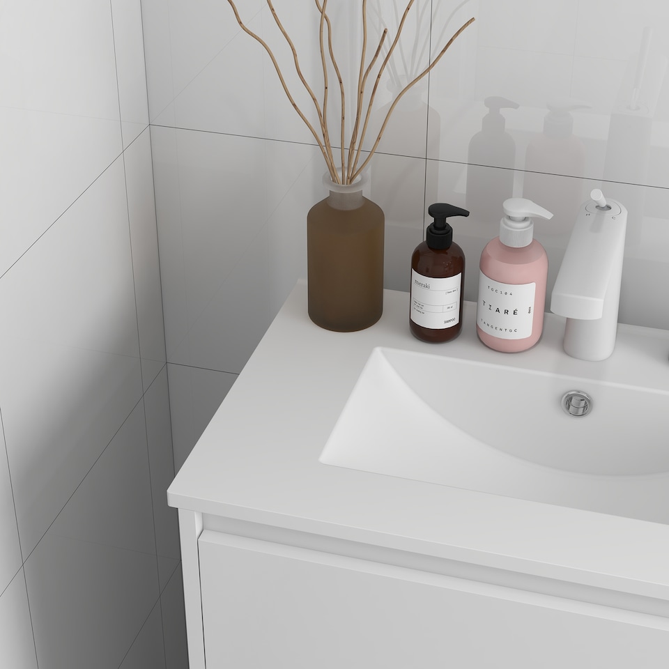 image 1 of kleankin 600mm Bathroom Vanity Unit with Basin and Single Tap Hole, High Gloss White Floor Standing Bathroom Sink Unit with 2 Drawers for Cloakroom | White | High gloss