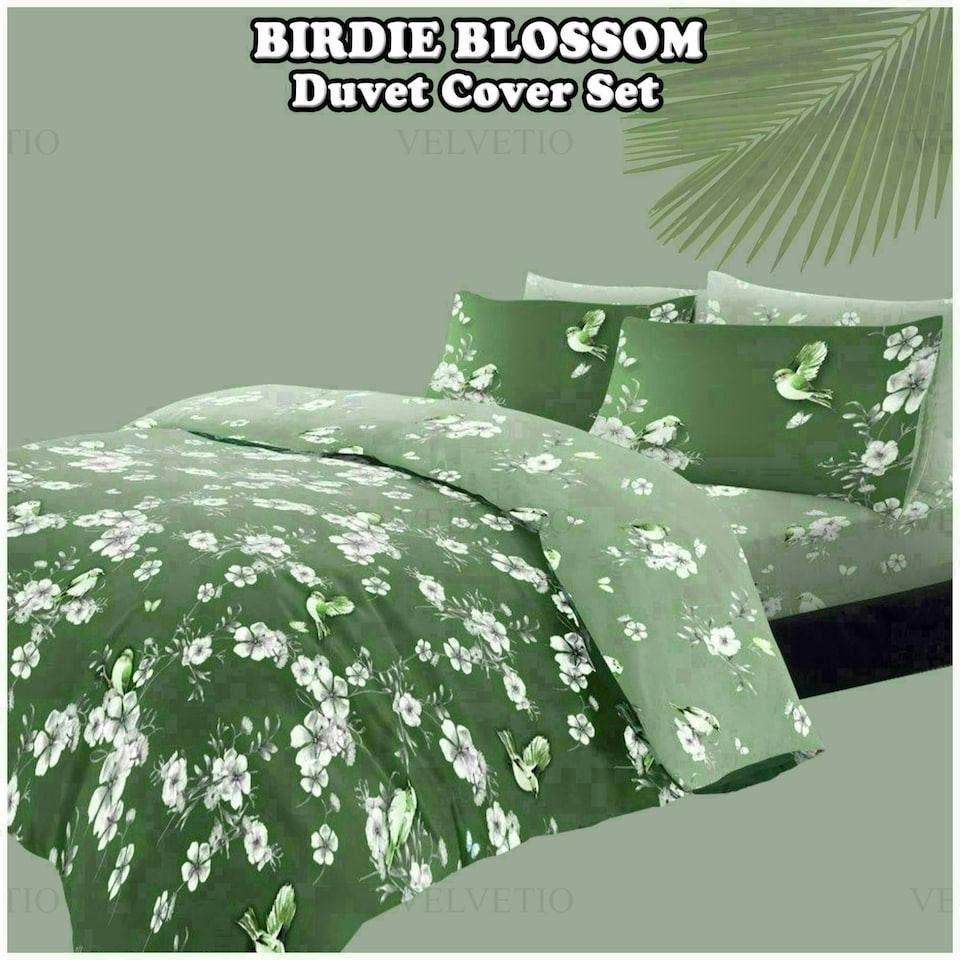image 1 of VELVETIO Birdie Blossom Printed Duvet Cover Set Reversible Polycotton Beddings Pink | Double