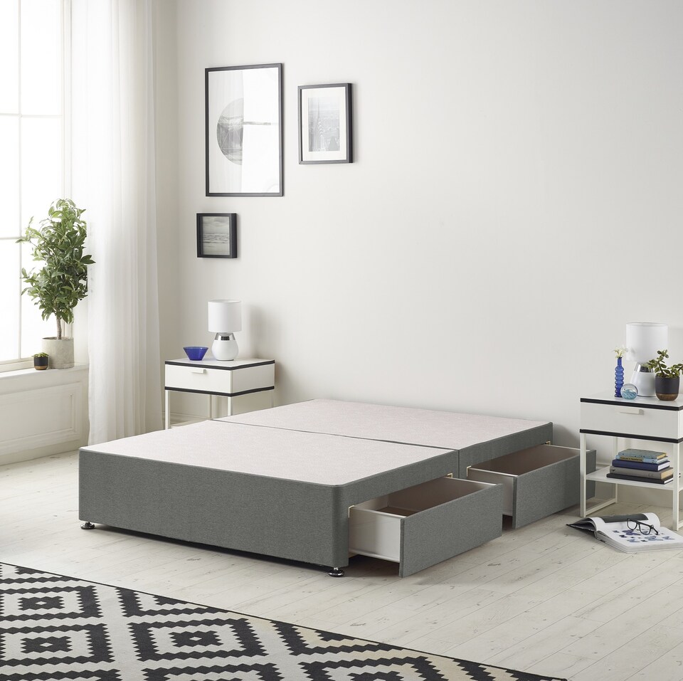 image 1 of Astoria Divan Bed Base with 2 Drawers & 30 Inch Diamante Headboard in Linen Fabric | Grey | Grey | Small Single