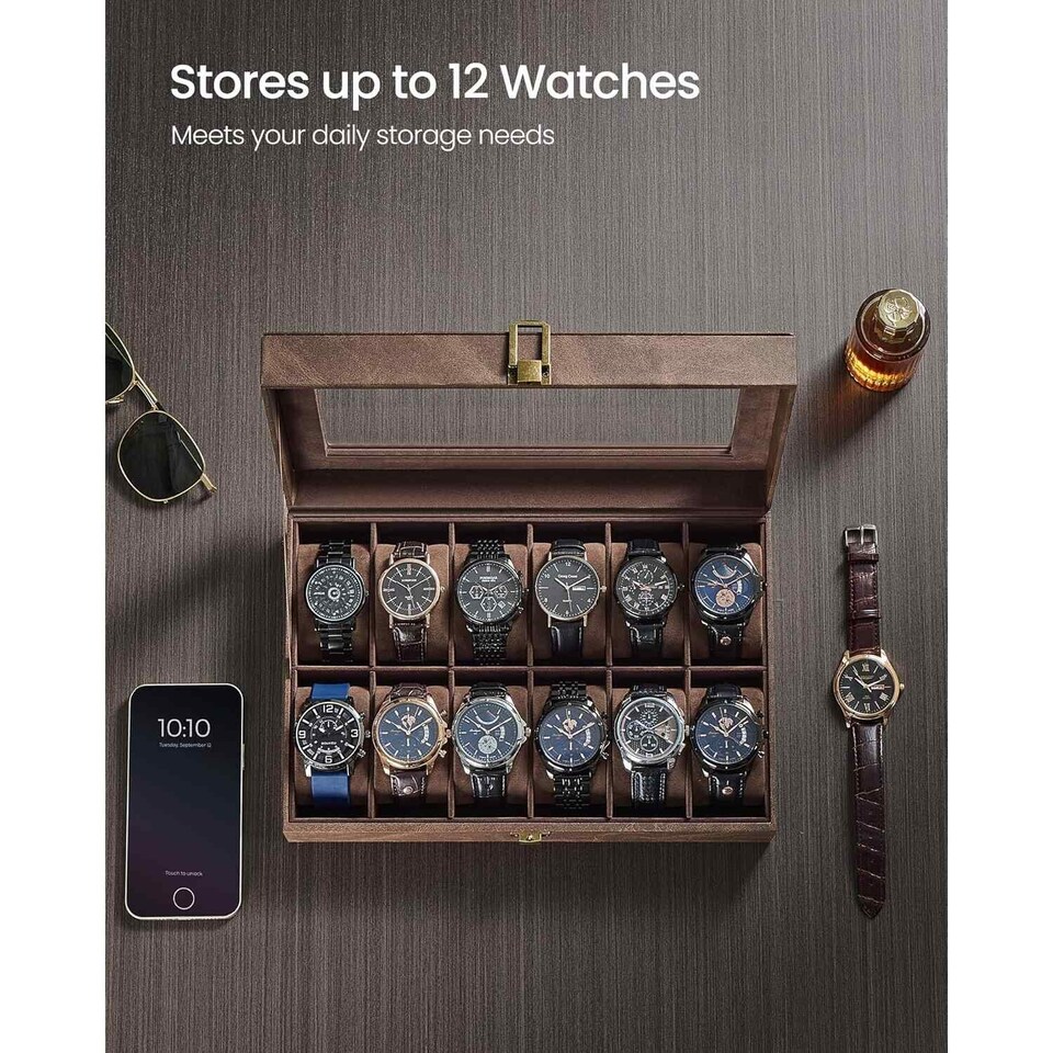 image 1 of 12 Slot Watch Storage Box with Glass Lid, Display Case with Removable Watch Pillows, Coffee Brown Synthetic Leather