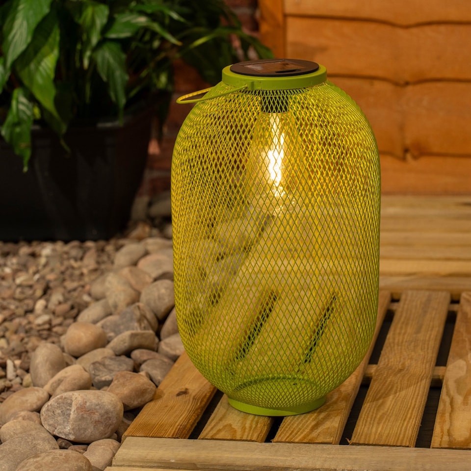 image 1 of ValueLights Solar Powered Outdoor Lime Green Metal Mesh Basket Garden Lantern Light