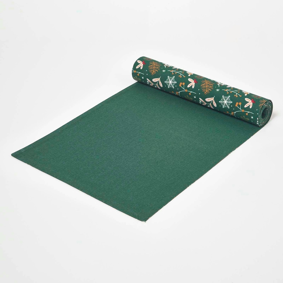 image 1 of Homescapes Festive Forest Green Christmas Table Runner - 35 x 250 cm | Green | One Size | 1