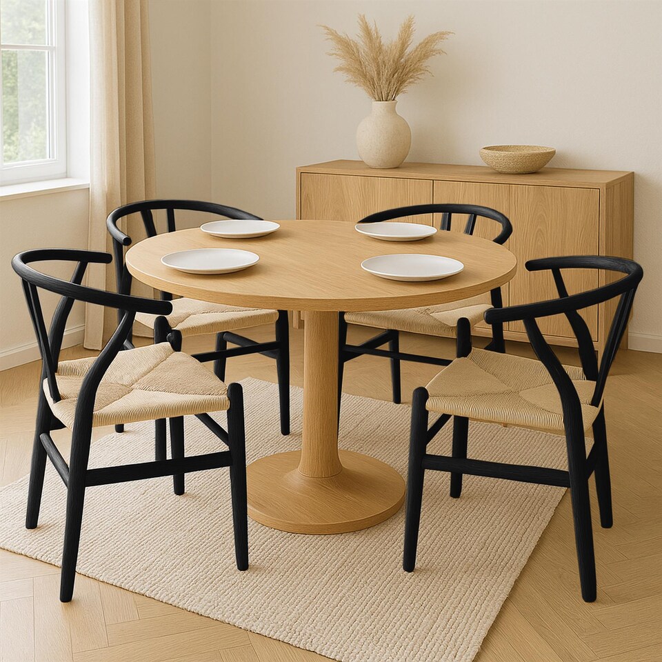 image 1 of Nicholas Winter 8x Beech Wooden Danish Style Dining Chairs - Black - Solid Wood Wish Beech Bone Wood Chairs | Black | Black/Natural