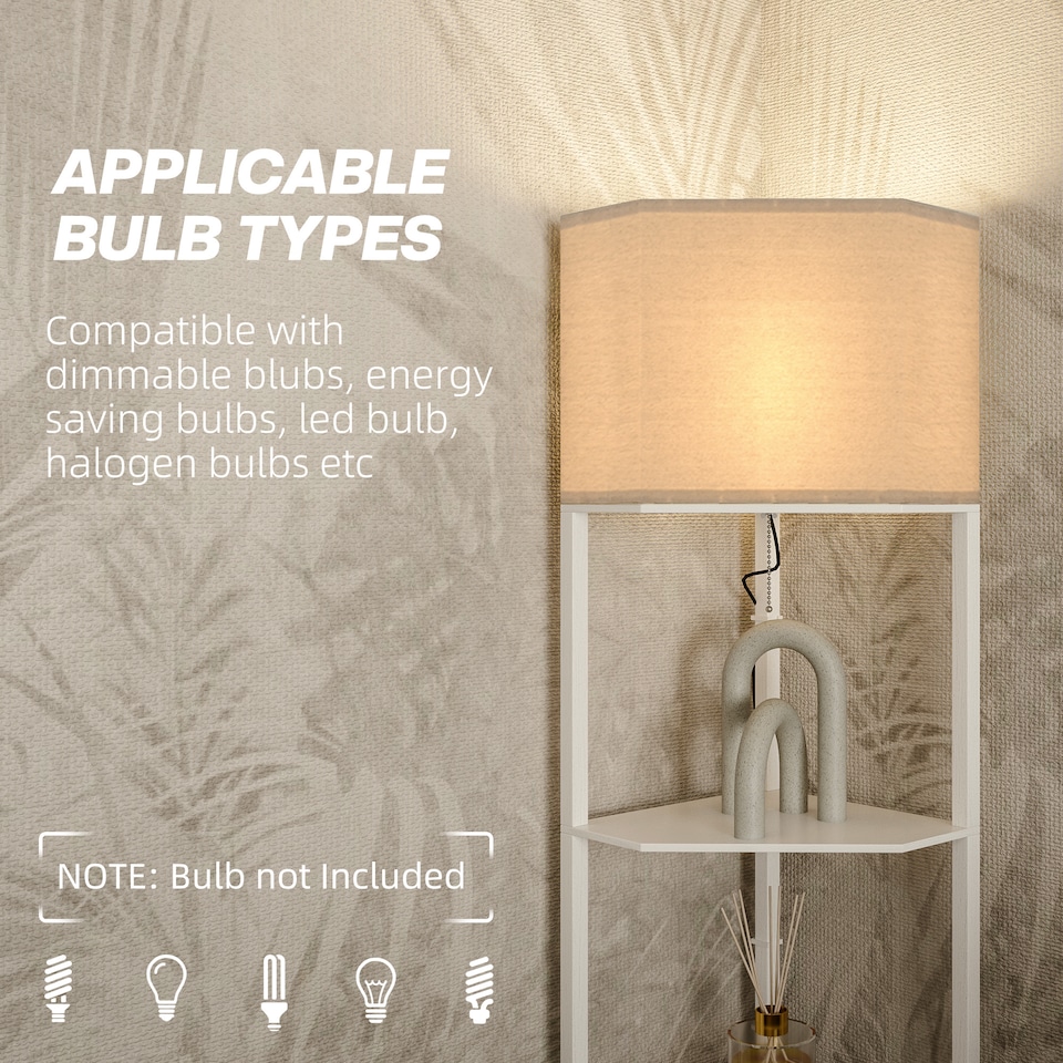 image 1 of HOMCOM Corner Floor Lamp with Shelves, Modern Tall Standing Lamp with Chain Switch for Living Room, Bedroom, Bulb Not Included, White