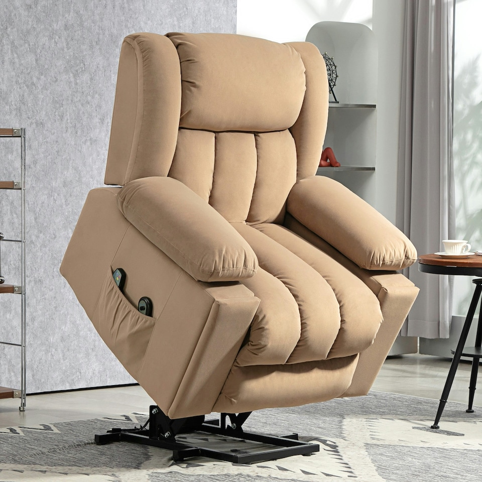 image 1 of HOMCOM Power Lift Recliner Chair with Vibration Massage, USB, Light Brown Brown | Light Brown