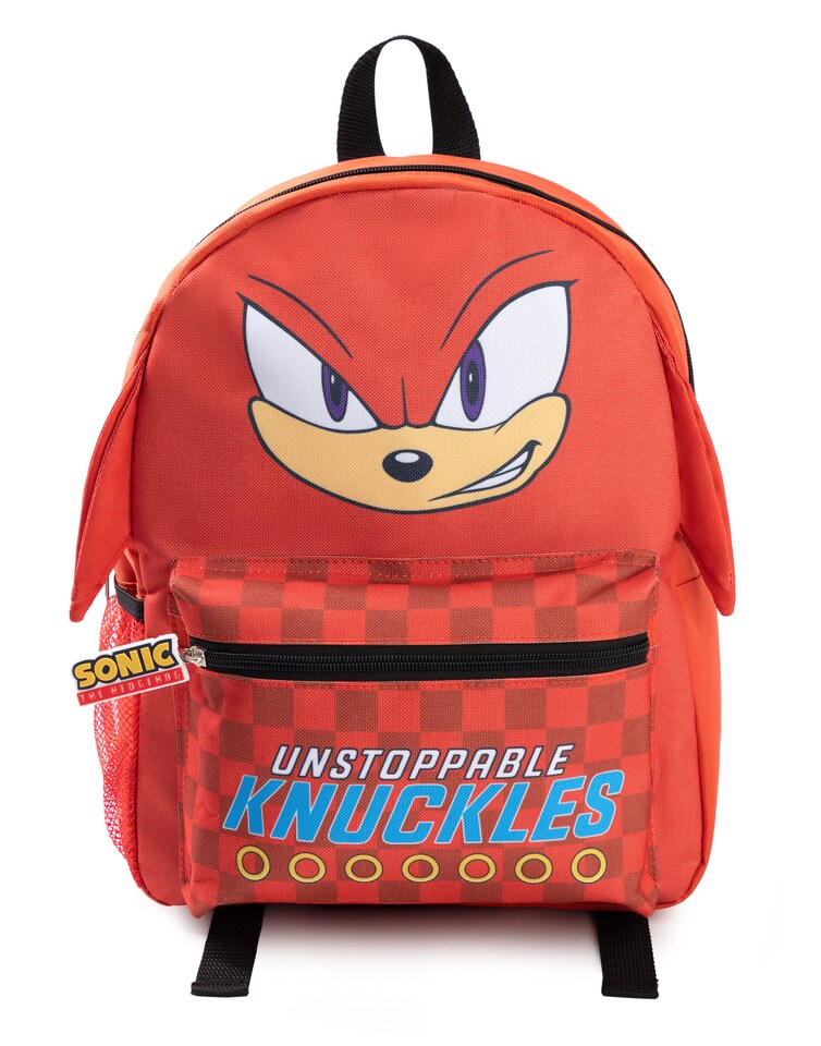 image 1 of Sonic the Hedgehog Kids 3D Knuckles the Echidna Backpack - Red Checked Zip Front Pocket with 'Unstoppable Knuckles' Text - Character Travel Bag for School - Sonic Merch | Red | Red