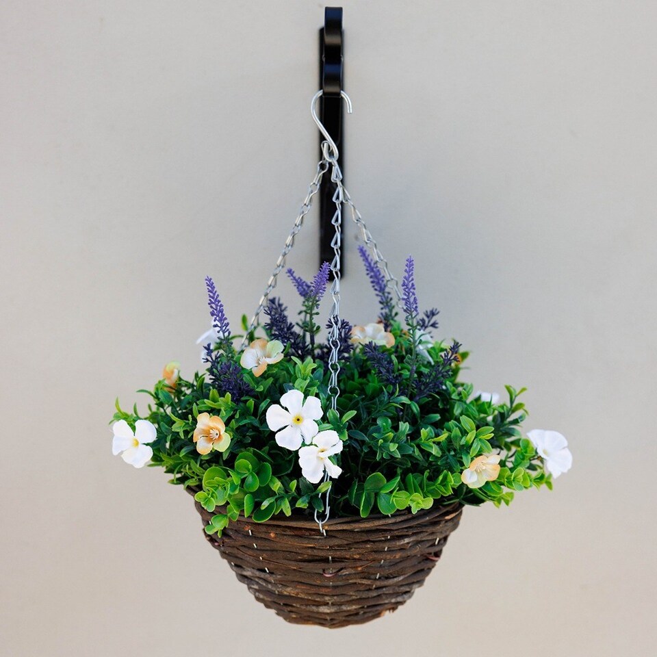 image 1 of Artificial Wildflower Hanging Floral Arrangement in Wicker Basket 32cm | Brown | Brown | 1