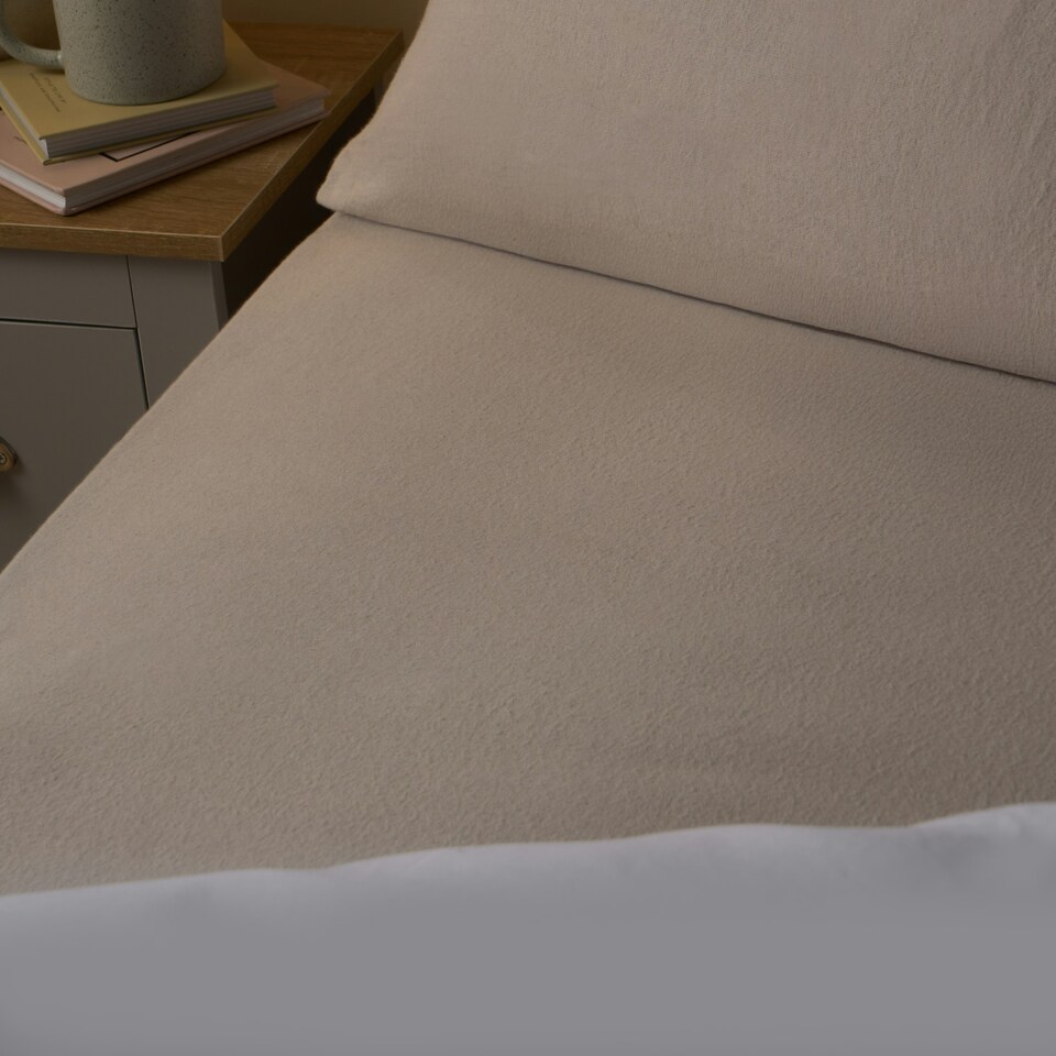 image 1 of OHS 100% Brushed Cotton Soft Cosy Warm Fleece 25cm Deep Elasticated Fitted Sheet Brown | Natural | Single
