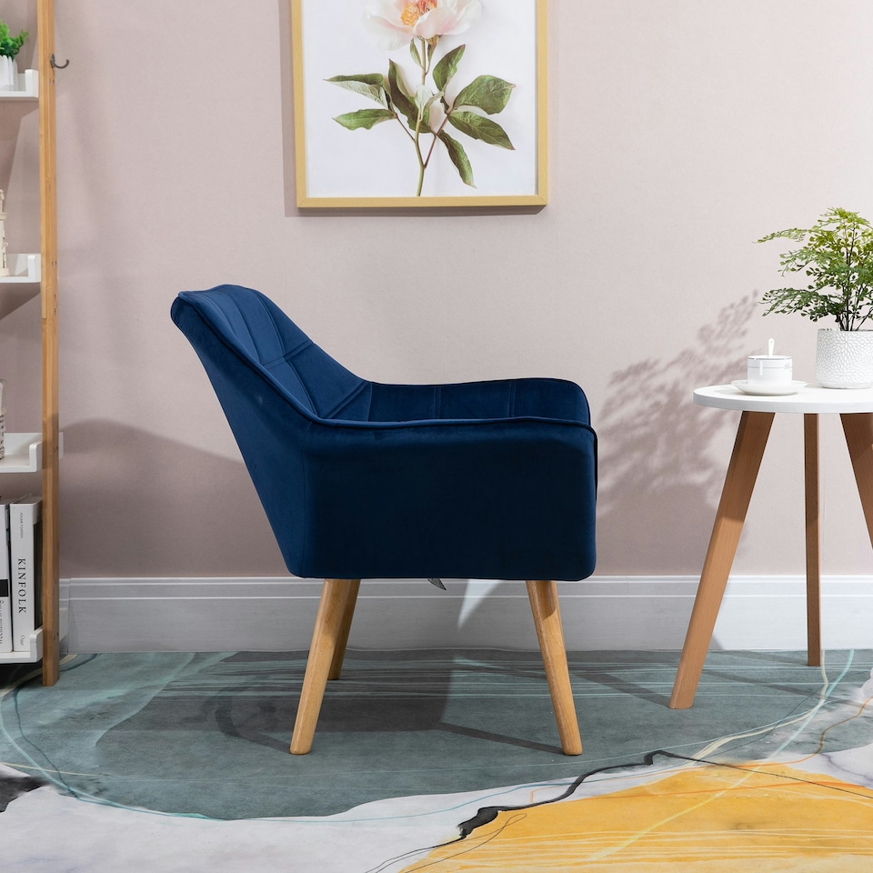 image 1 of HOMCOM Luxe Velvet-Feel Accent Chair w/ Wide Arms Slanted Back Wood Legs Blue