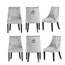 Set of 6 Velvet Dining Chairs Ergonomic Scoop Knockerback & Button Tufted Wood Legs Grey | Light Grey