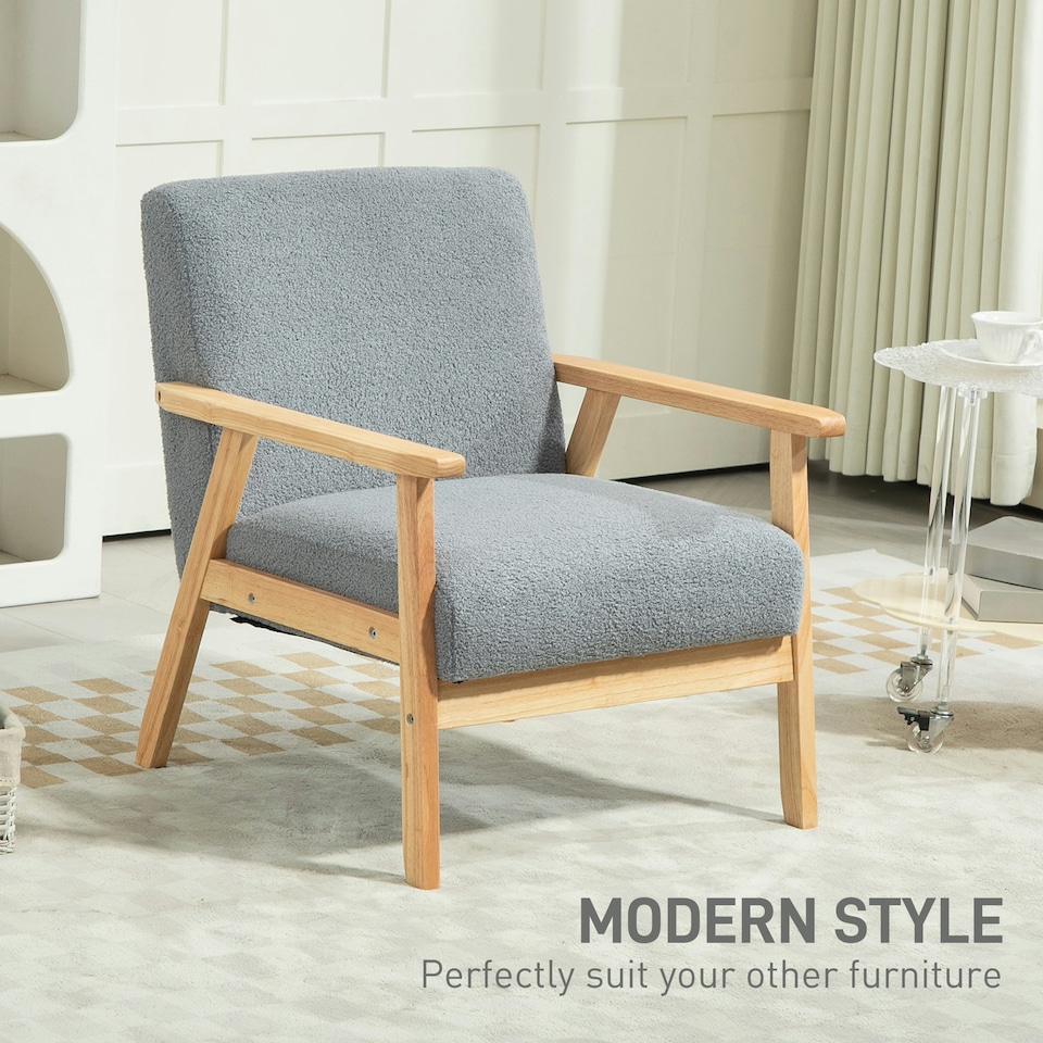 image 1 of HOMCOM Accent Chair with Wood Frame Wide Seat Cashmere Armchair Grey
