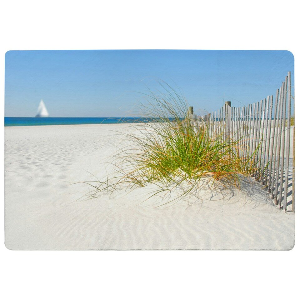 image 1 of Beautiful sand dune fence by sea grass with sailboat on horizon (Rug) Cream | XL